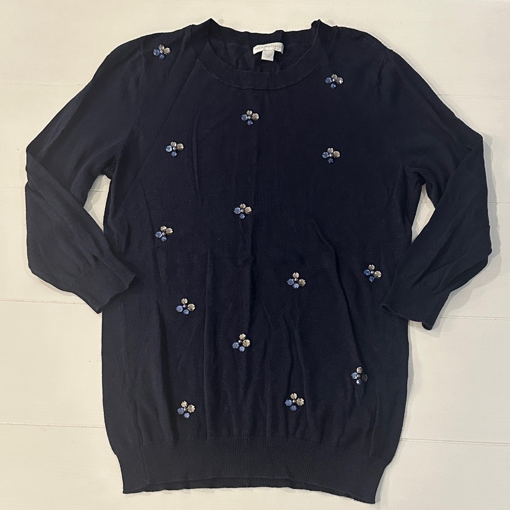 New York & Company Navy Sweater with Floral Rhinestone Accents